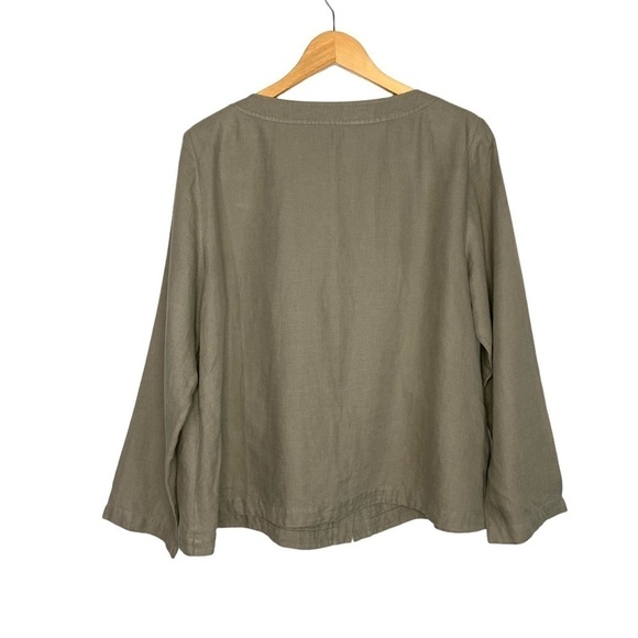 Eileen Fisher 100% Linen Button Up Jacket Size Large Taupe Gray Shoulder Pads - Picture 2 of 7
